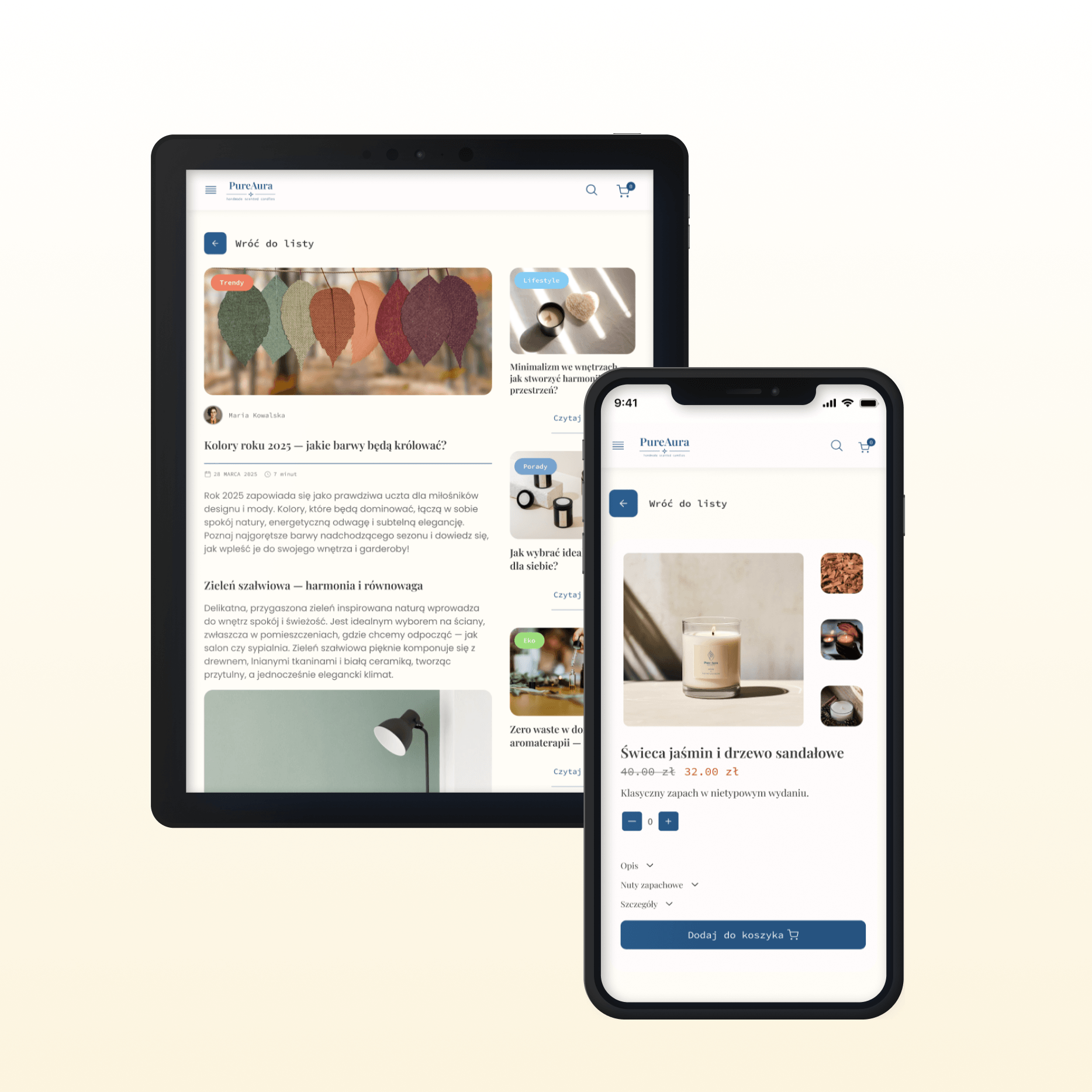 Makiety mobilne i tabletowe projektu AuraPura