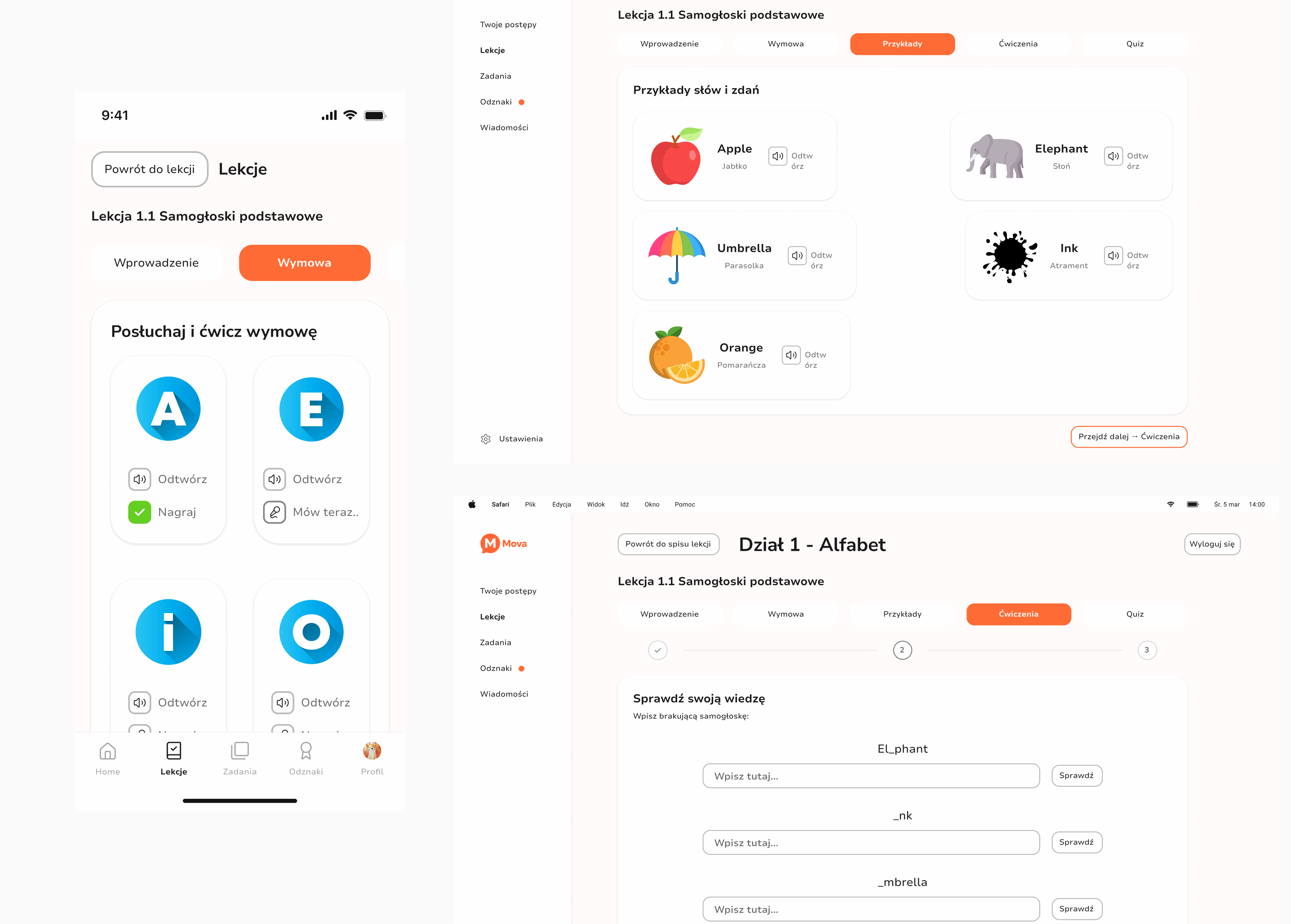 Ekrany lekcji i podsumowań Mova