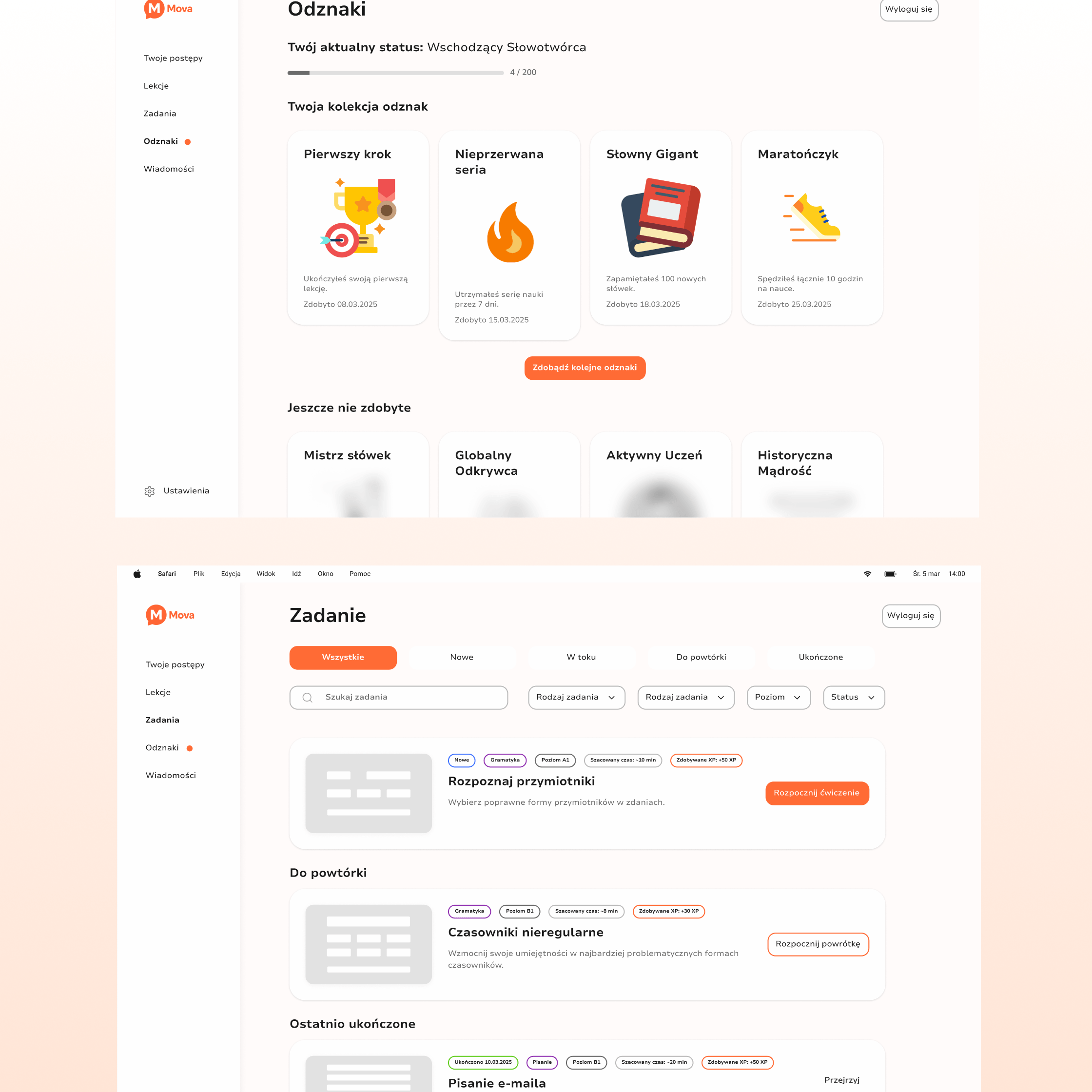 Widoki definiujące założenia projektu Mova