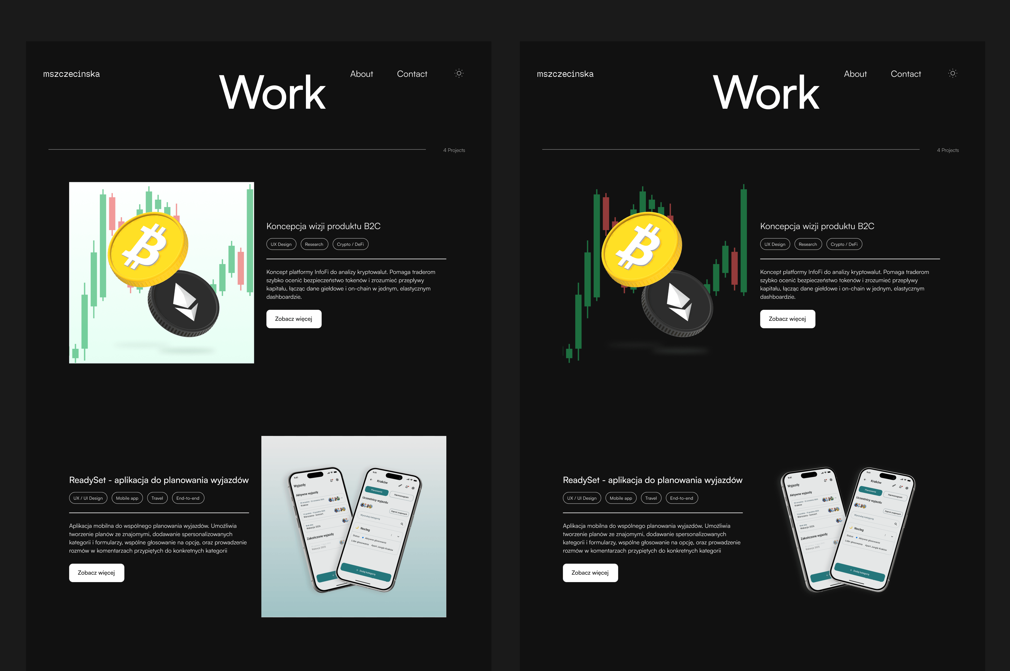 Projekt high-fidelity portfolio - widok ciemny